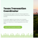 {"en":"The image is a webpage advertisement for a Texas Transaction Coordinator service. It explains that top producing Texas agents may not have enough time to manage their existing files and work with new clients. The service offers to handle all admin work from contract to close, allowing agents to focus on delivering quality service. There is a green button to request a Texas Transaction Coordinator. The design features green accents and a picture of a scenic landscape.","de":"Das Bild zeigt eine Werbeseite fu00fcr einen Texas Transaction Coordinator Service. Es wird erklu00e4rt, dass erfolgreiche Immobilienmakler in Texas mu00f6glicherweise nicht genug Zeit haben, um ihre bestehenden Akten zu verwalten und mit neuen Klienten zu arbeiten. Der Service bietet an, alle administrativen Aufgaben vom Vertrag bis zum Abschluss zu u00fcbernehmen, sodass sich die Makler auf die Bereitstellung eines qualitativ hochwertigen Services konzentrieren ku00f6nnen. Es gibt einen gru00fcnen Knopf, um einen Texas Transaction Coordinator anzufordern. Das Design hat gru00fcne Akzente und ein Bild einer malerischen Landschaft."}