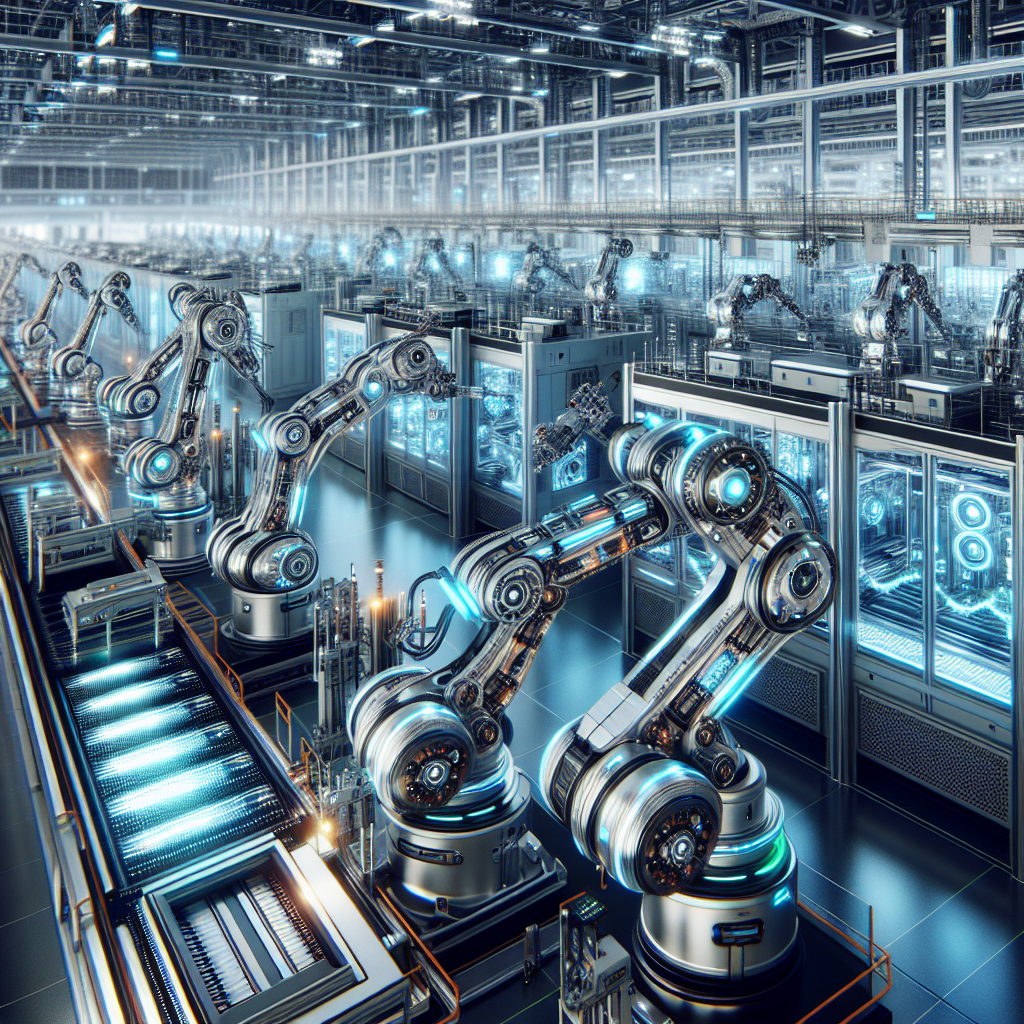 A futuristic factory scene with robotic arms working on an assembly line, illuminated by blue lights.